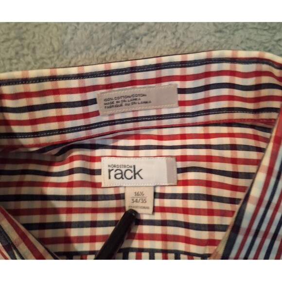 NORDSTROM RACK Long Sleeve Men 16.5 34/35 Traditional Fit Rd/Blk/Wht Gingham - Picture 5 of 13